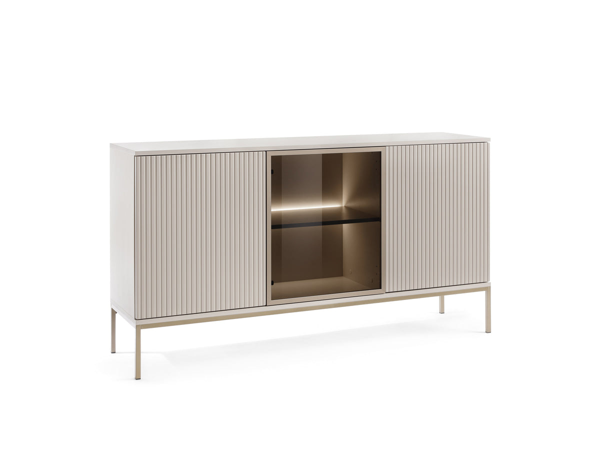 Cashmere sideboard with two slat doors and glass center display, warm interior light