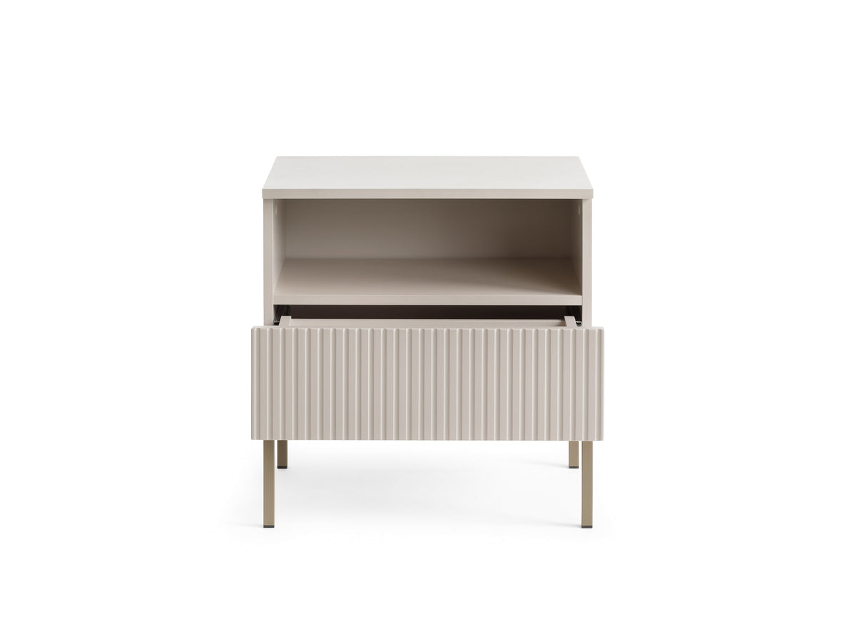 White bedside cabinet with ribbed vertical drawer panel and open top shelf
