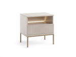 White bedside table with ribbed drawer front and illuminated open storage