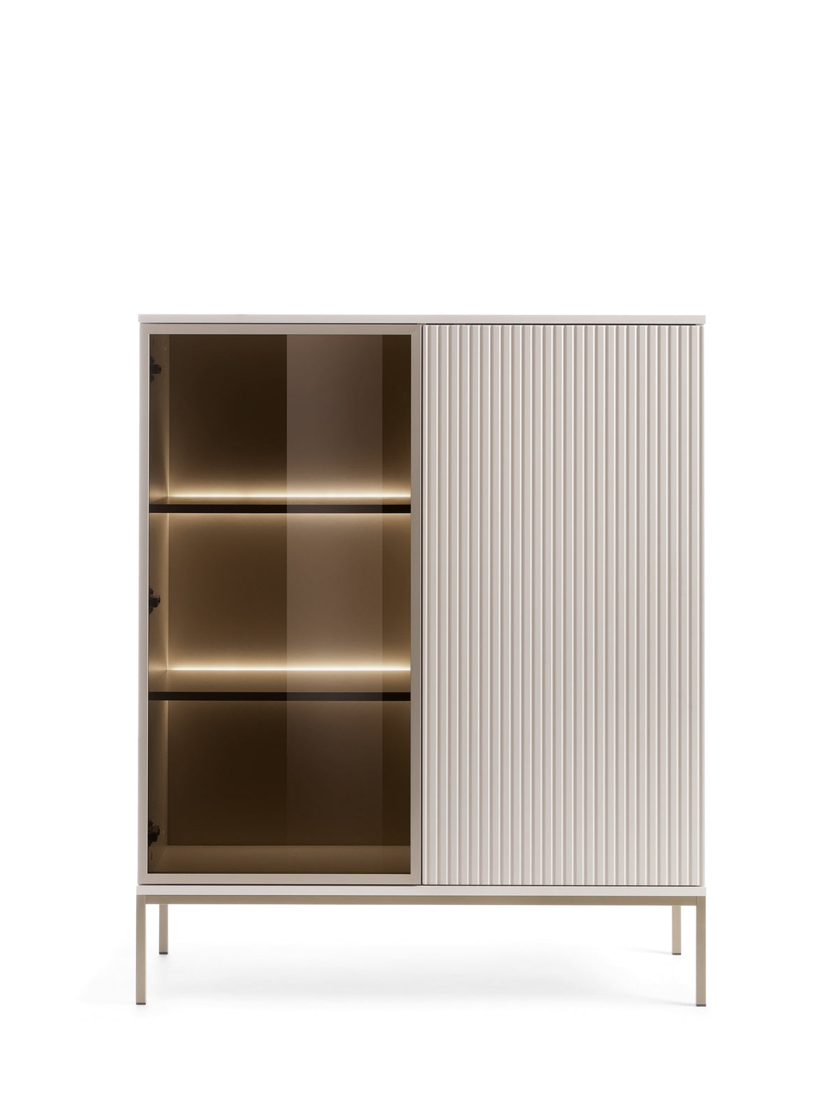 Short display cabinet with glass door and vertical ribbed doors, warm LED lighting