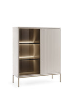Short display cabinet with glass door and vertical ribbed panel, warm LED interior