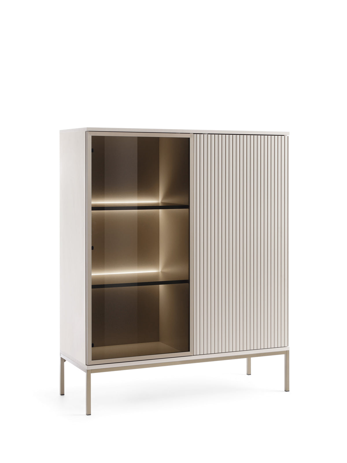 Short display cabinet with glass door and vertical ribbed panel, warm LED interior