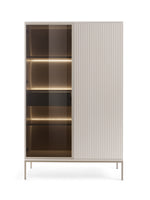 High display cabinet in light color with glass door and vertical ribbed slat panel