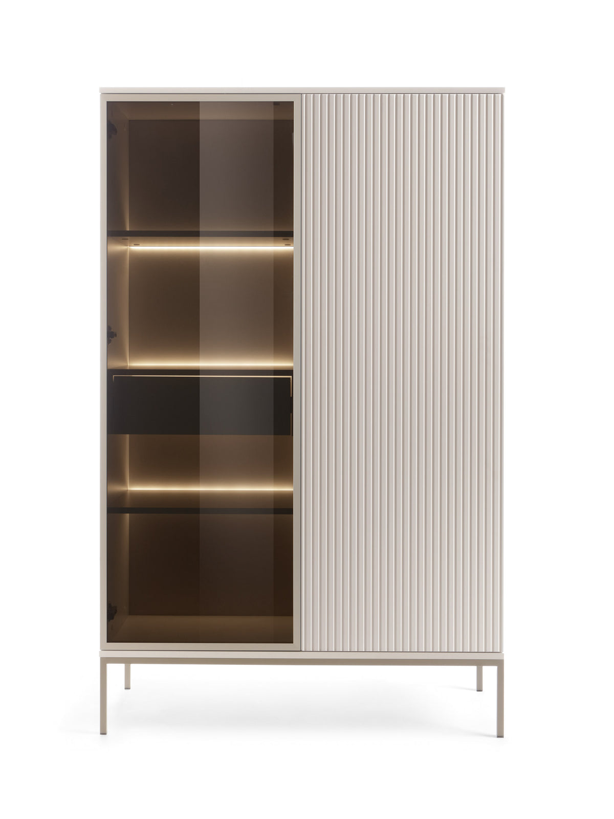 High display cabinet in light color with glass door and vertical ribbed slat panel