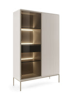 High display cabinet with light frame, glass display area, and vertical ribbed slat sides