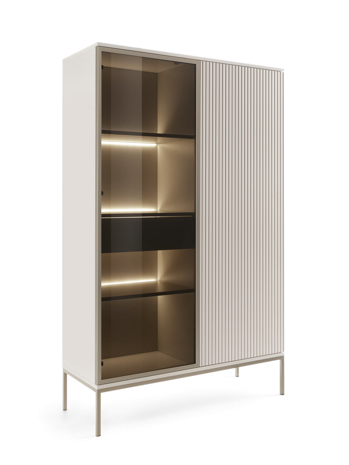High display cabinet with light frame, glass display area, and vertical ribbed slat sides