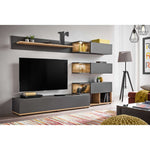 Grey media wall unit with LED-lit glass cabinets, TV console and floating shelves