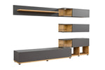 Grey media wall unit with LED-lit glass cabinets and wood side base, open shelves