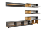 Media wall unit with LED lights, grey shelves with wood accents and open cabinets