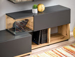 Grey media wall unit with LED lights, open glass cabinet and storage shelves