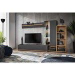 Modern media wall unit with gray cabinet doors, open shelves, and LED glass display