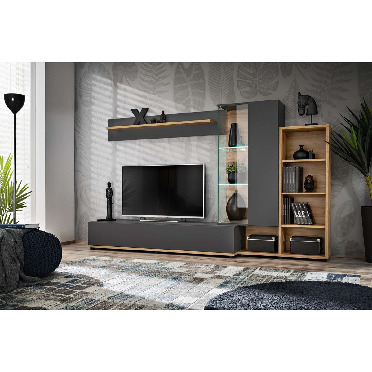 Modern media wall unit with gray cabinet doors, open shelves, and LED glass display