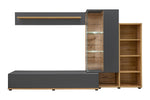 Media wall cabinet with gray base, light wood side panels, and open bookcase section