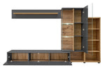 Media wall unit with raised TV panel, glass-front display, and open wood shelving
