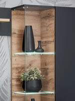Glass-front display cabinet with wooden backing, vases, and integrated LED strips