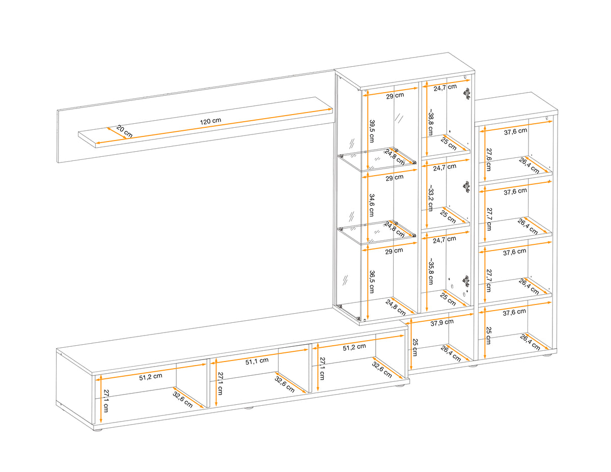 Media wall unit layout diagram with cabinet sections and measurement lines
