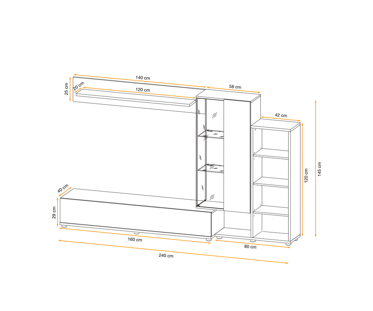 Media wall unit size diagram showing width and height measurements