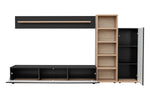 Media wall unit in anthracite and light wood, doors open to reveal interior storage