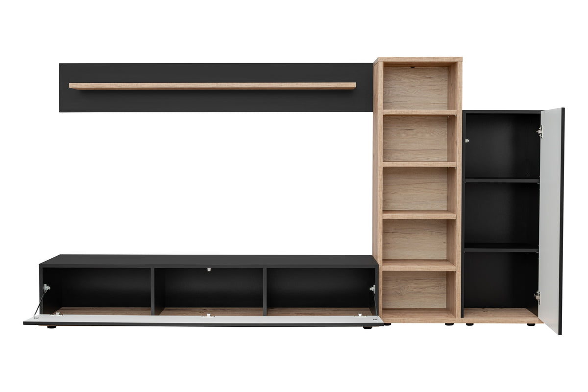 Media wall unit in anthracite and light wood, doors open to reveal interior storage