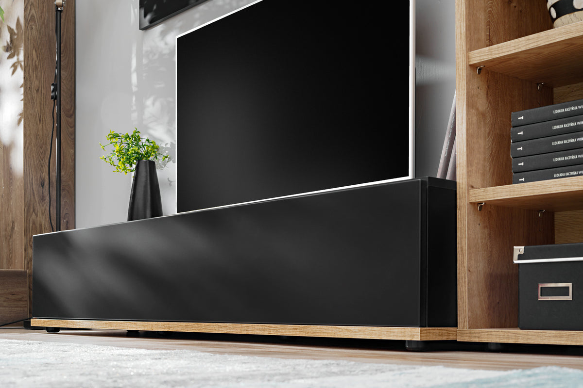 Anthracite media wall unit with large TV base and open side storage compartment