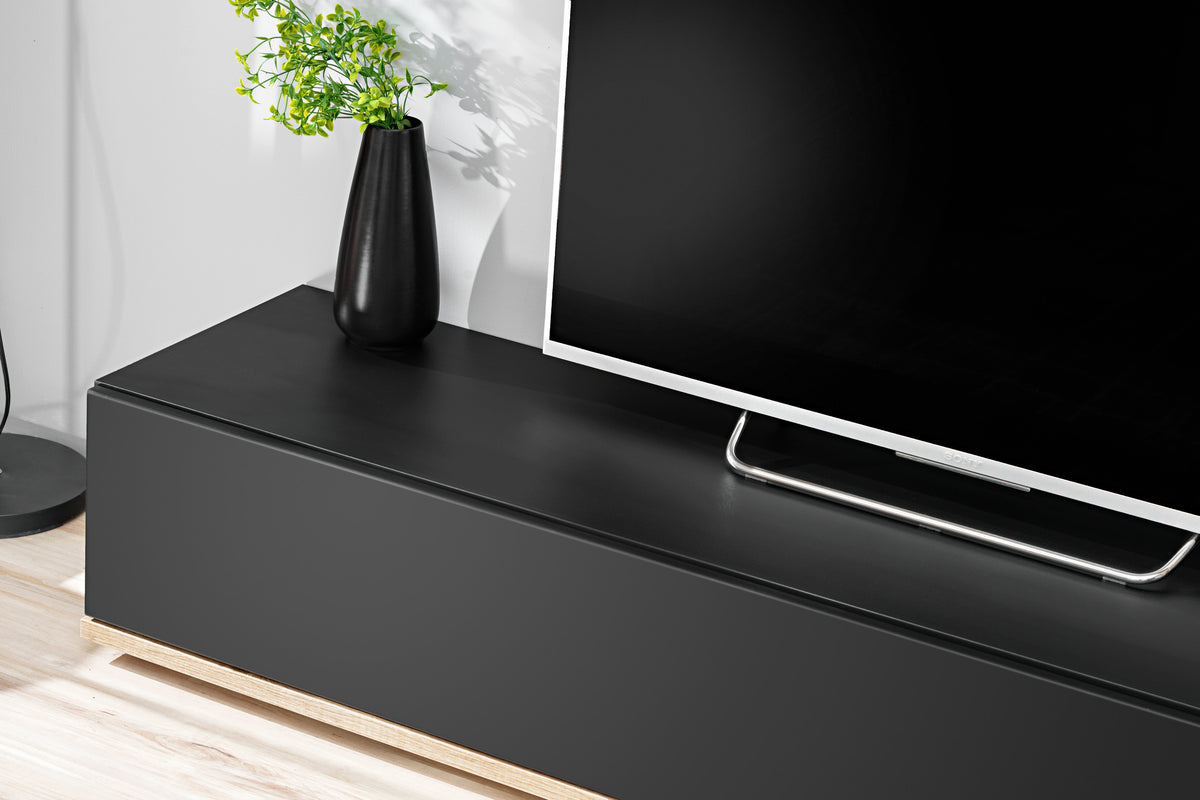 Anthracite media wall unit TV console with slim metal handle detail and open shelf