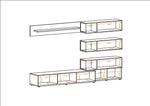 Media wall unit with LED lights, grey floating shelves and open storage boxes