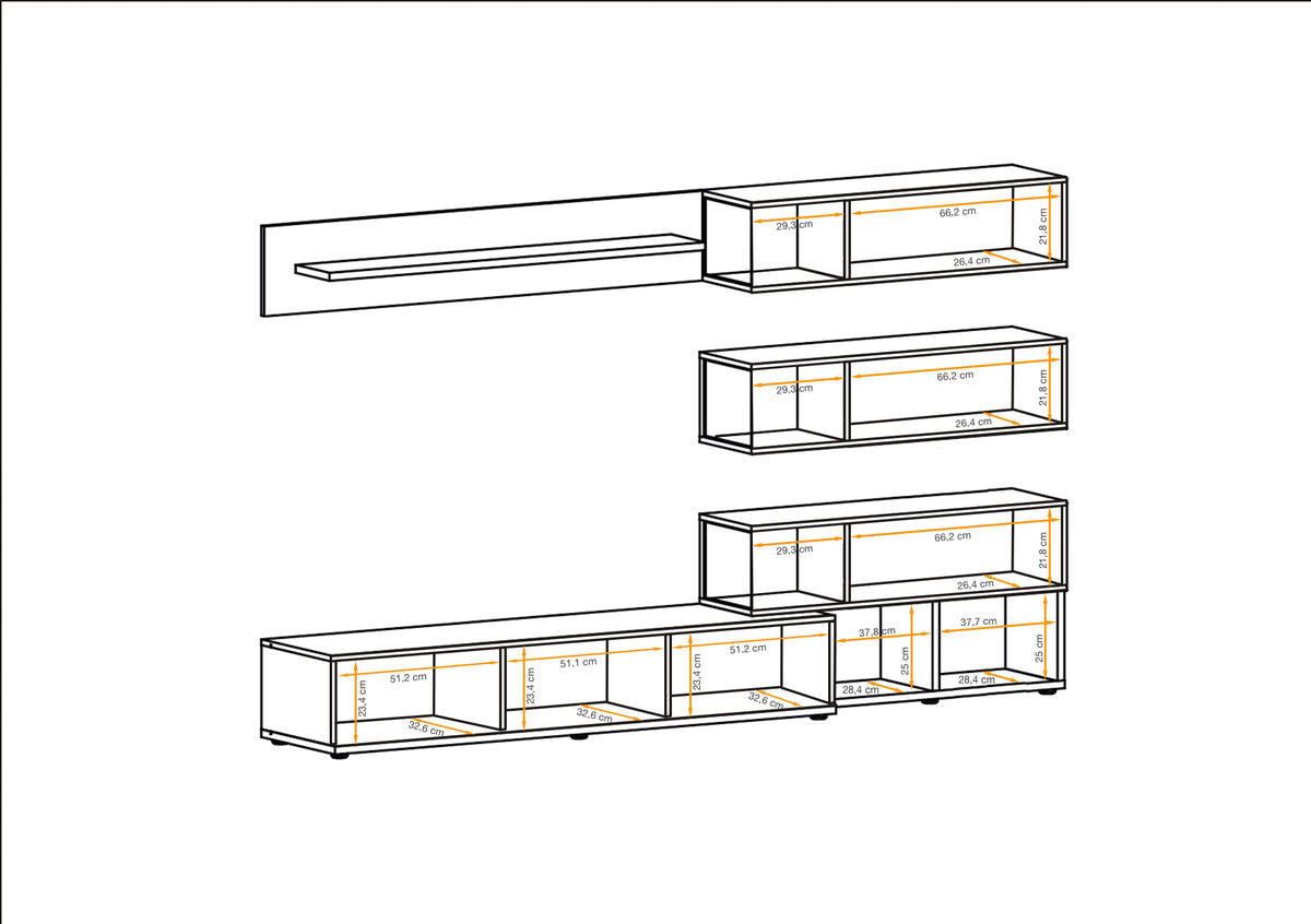 Media wall unit with LED lights, grey floating shelves and open storage boxes