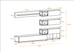 Grey media wall unit with LED lights, measured layout with cabinets and shelves