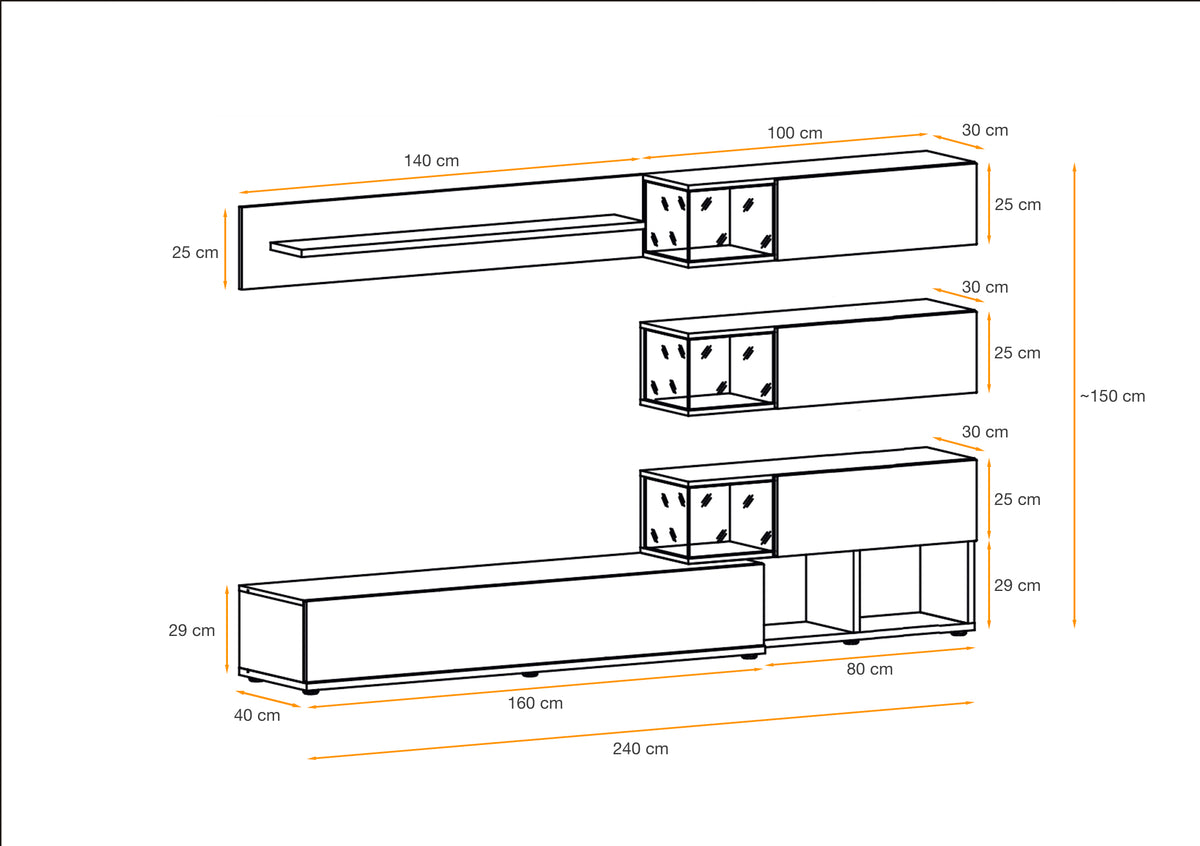Grey media wall unit with LED lights, measured layout with cabinets and shelves