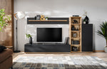 Media wall unit with TV and central console, right-side vertical shelving in light wood