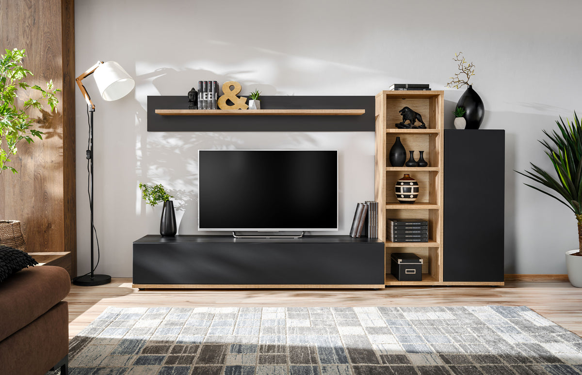 Media wall unit with TV and central console, right-side vertical shelving in light wood