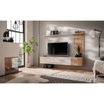 Wood and white media wall unit with open shelf, TV console, and vertical slatted cabinet