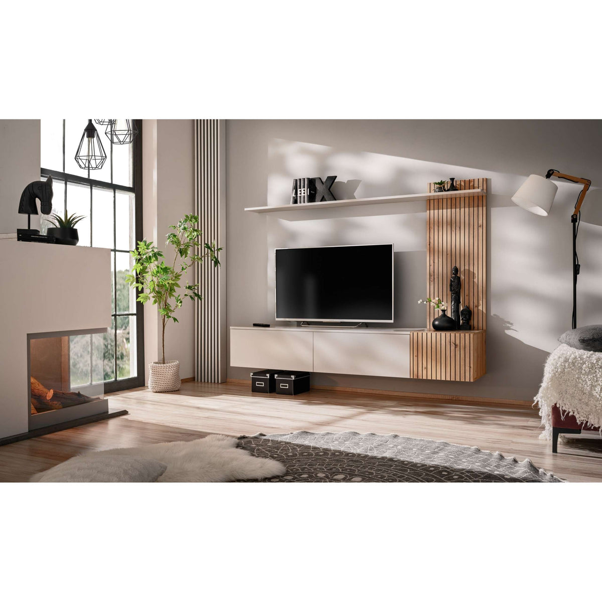 Wood and white media wall unit with open shelf, TV console, and vertical slatted cabinet