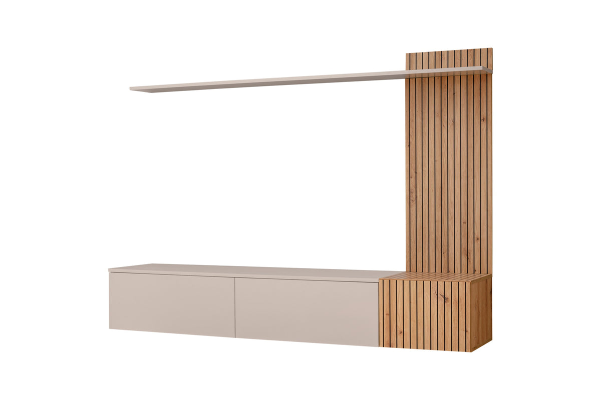 White media wall TV console with vertical bamboo-style slat column and wall shelf