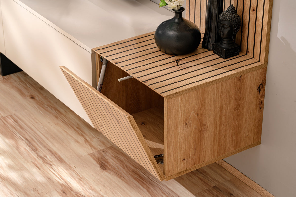 Wood media wall console with open slatted shelf top and concealed storage compartment