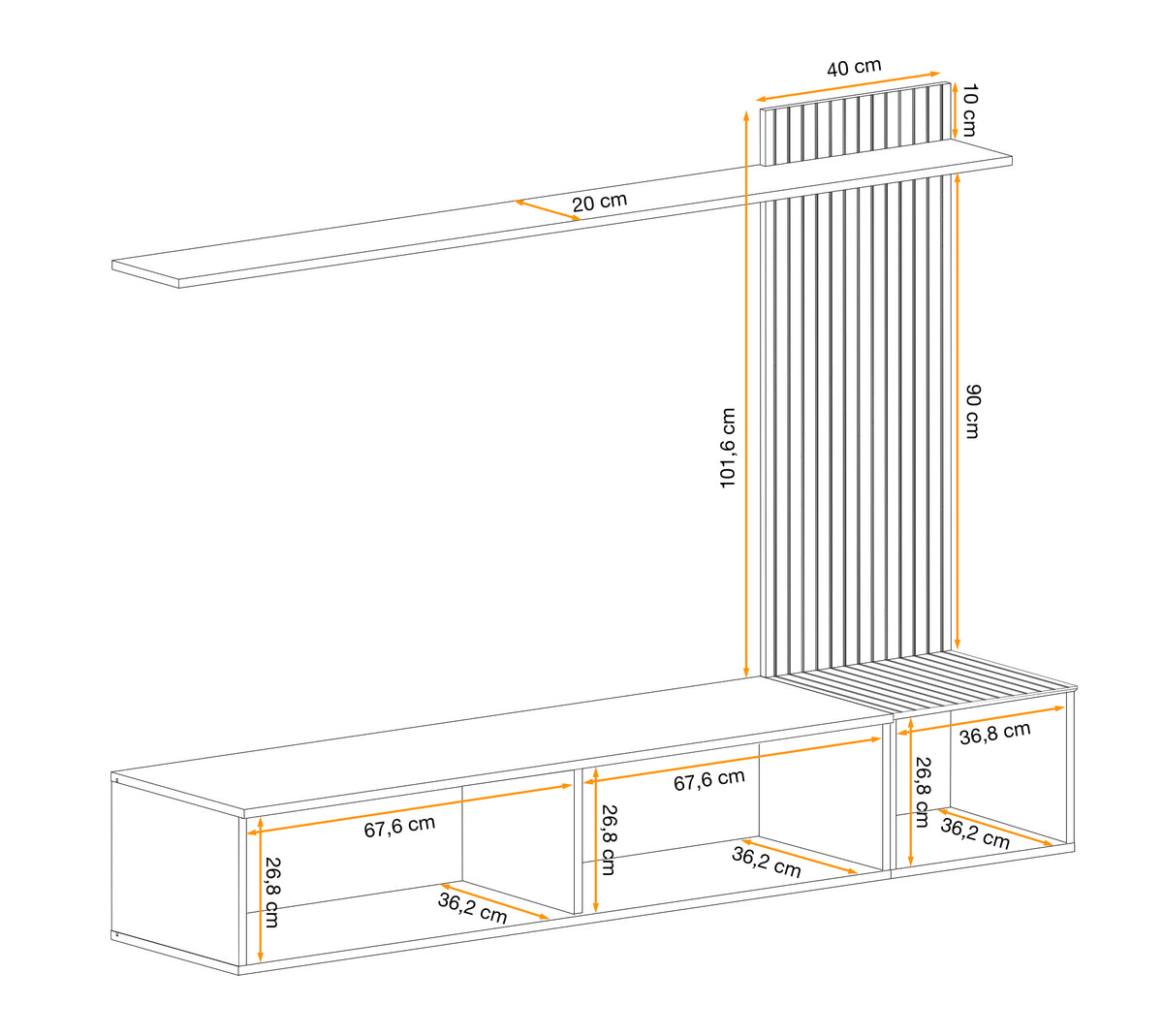 Media wall unit dimension diagram with vertical slat column and long TV base shelf