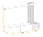 Media wall unit dimension diagram showing slat panel, top shelf, and long side console