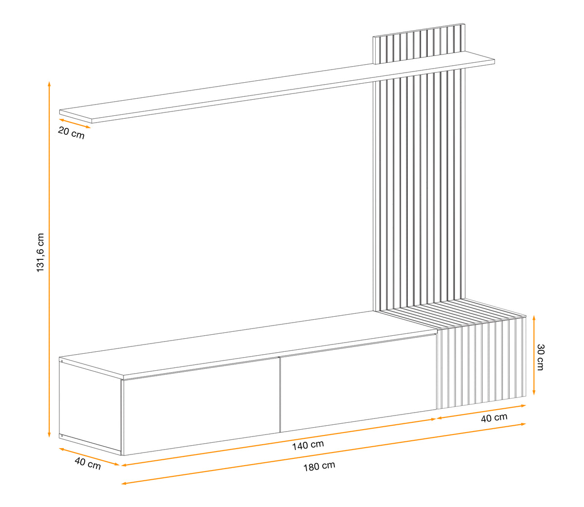 Media wall unit dimension diagram showing slat panel, top shelf, and long side console