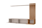 Media wall unit with open base compartments and vertical slatted wood column on right