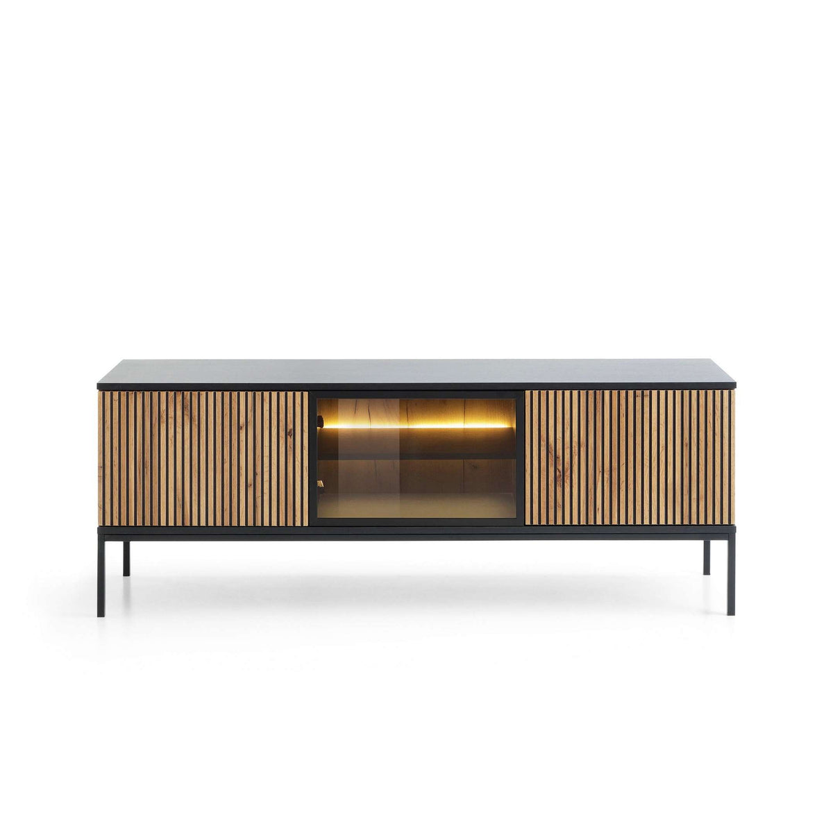 TV cabinet with black top, vertical oak slat doors, glass center opening and warm light