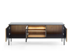 TV cabinet with open side doors, warm-lit central compartment, black frame and oak slats
