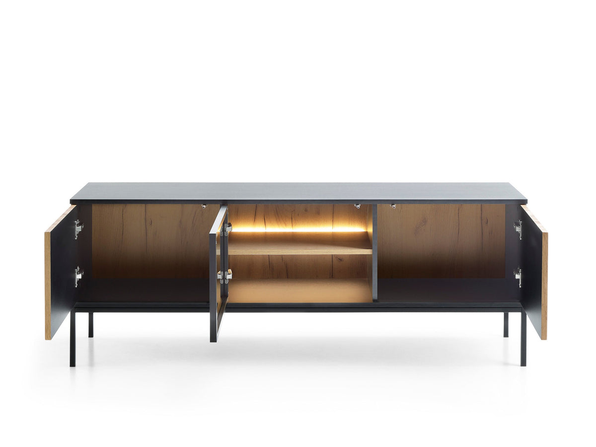 TV cabinet with open side doors, warm-lit central compartment, black frame and oak slats
