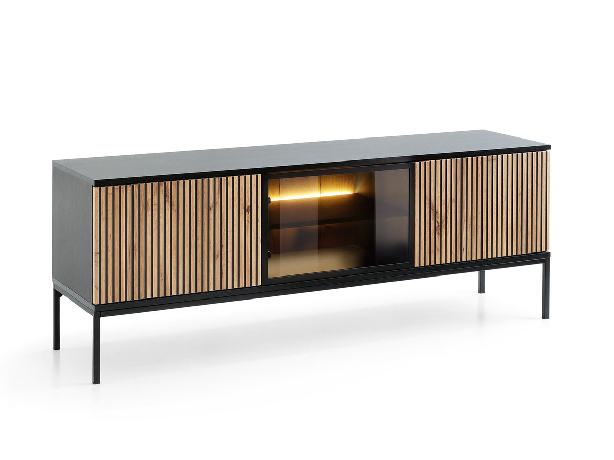 TV cabinet with dark top, glass center and vertical oak slat doors on black legs