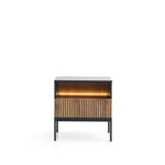 Wood bedside cabinet with vertical slat drawer front and open top storage
