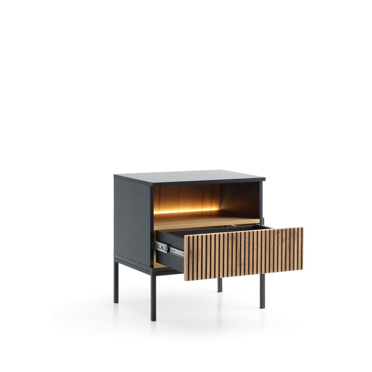 Gray bedside table with open shelf and vertical slat drawer, side view