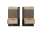 Light wood bedside table with slatted panel, drawer, and open compartment