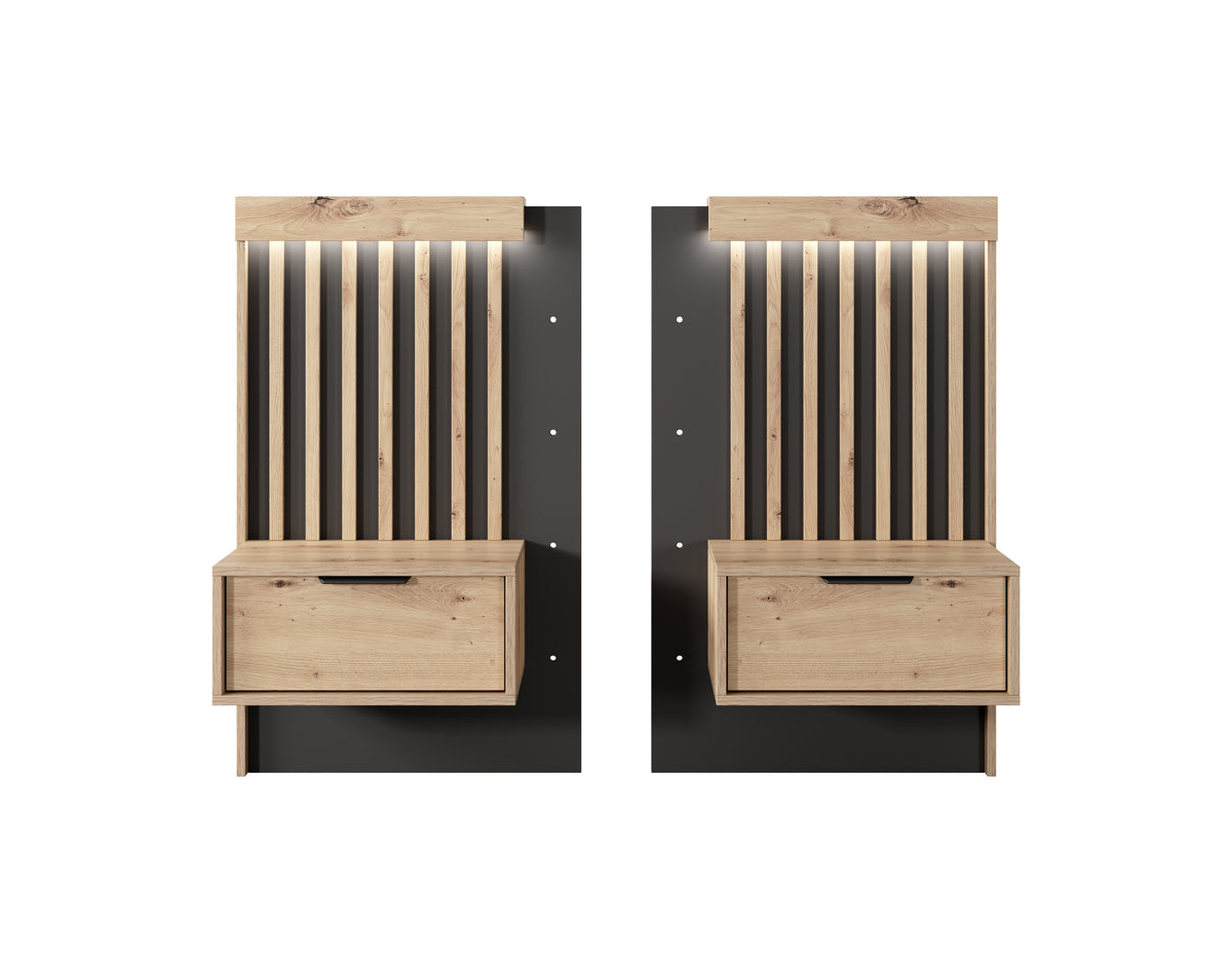 Light wood bedside table with slatted panel, drawer, and open compartment