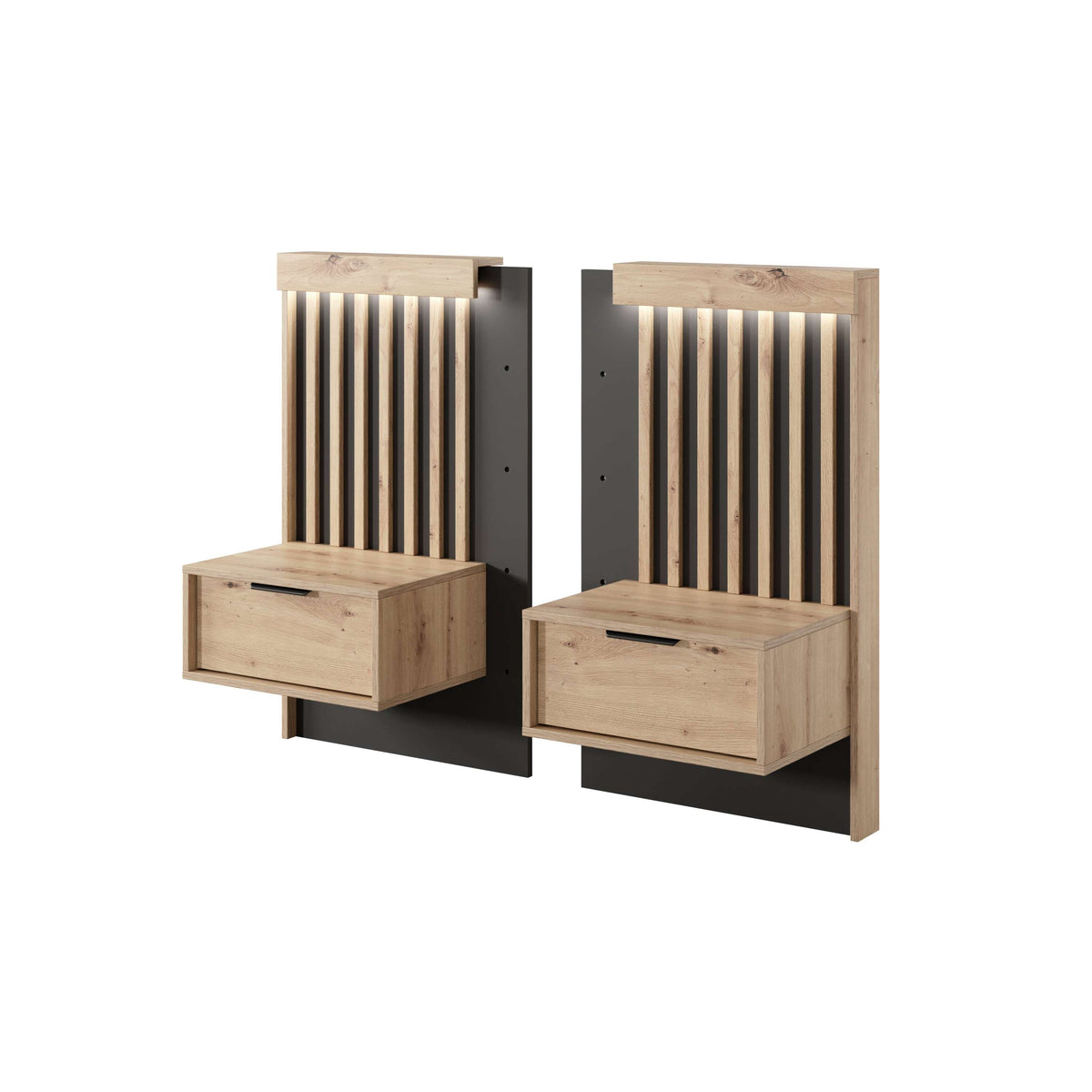 Light wood bedside table with slatted back panel and single drawer