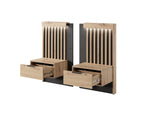 Pair of light wood bedside tables with slatted panels and drawers