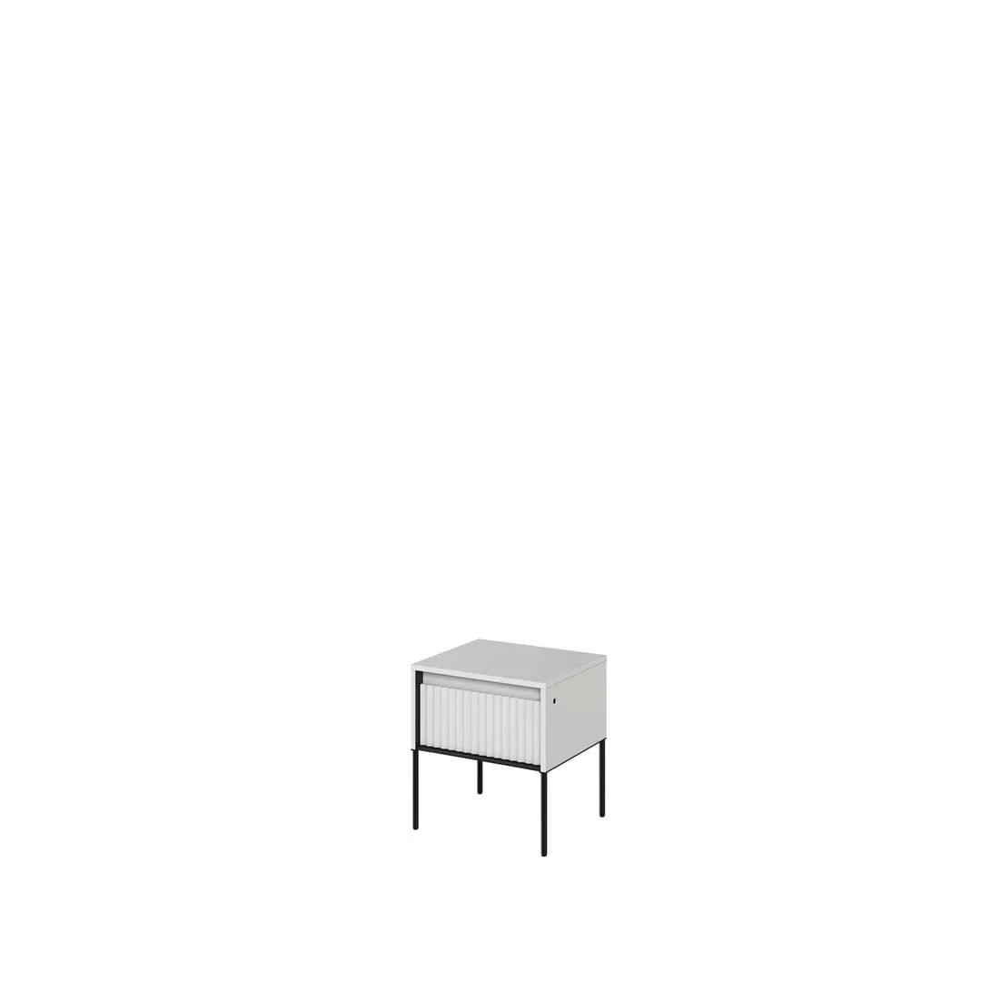 Small bedside cabinet with ribbed drawer front, white cabinet and black metal legs